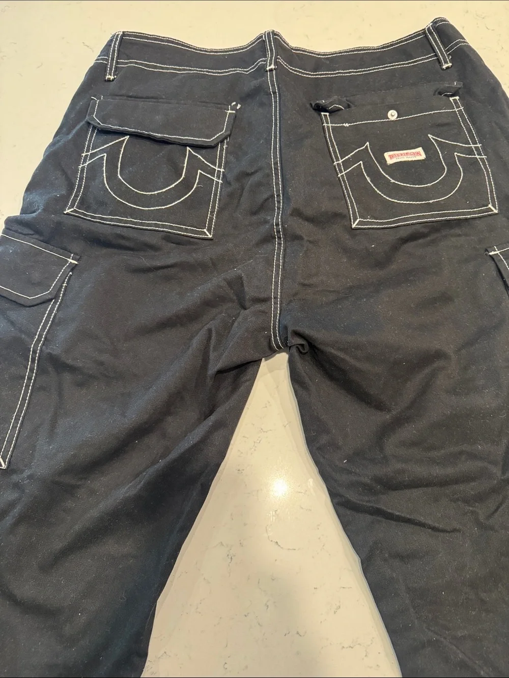 True Religion Black Cargo Pants with Contrast White Stitching